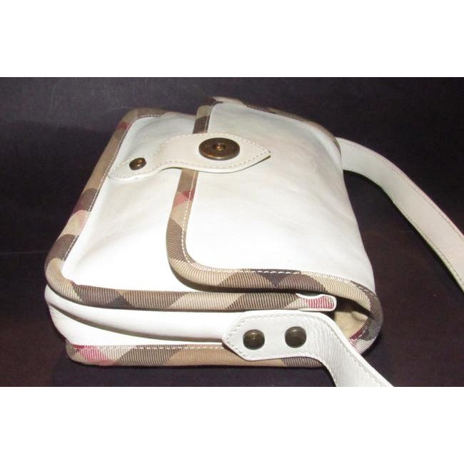 Burberry Purses White Leather With Nova Check Plaid Canvas Trim And Coated Shoulder Bag