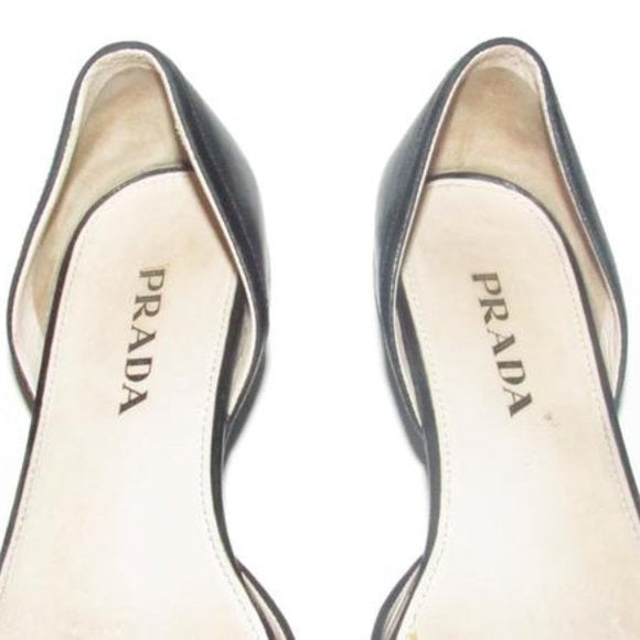 Prada Black Leather Open Toe D'orsay Style Flats with a Bow Accent