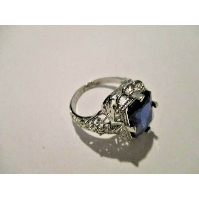 Sterling Blue Purple Iolite Solitaire Emerald Cut Filigree Band Deco Ring