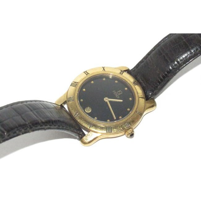 Fendi Brown Leather Round Gold Bezel Jewelry And Watch Combo