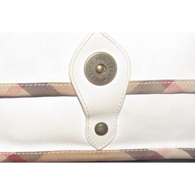 Burberry Purses White Leather With Nova Check Plaid Canvas Trim And Coated Shoulder Bag