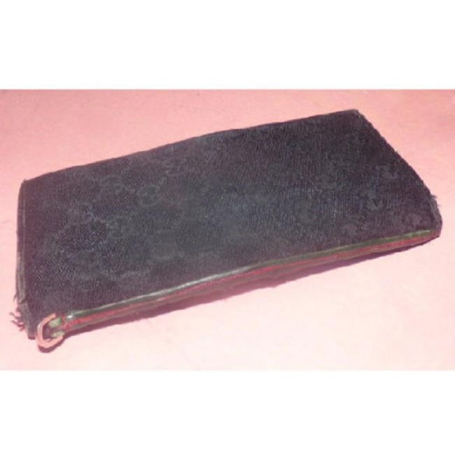 Gucci Black Leather And Black Large G Logo Print Canvas With Red Green Accent Vintage Wallet