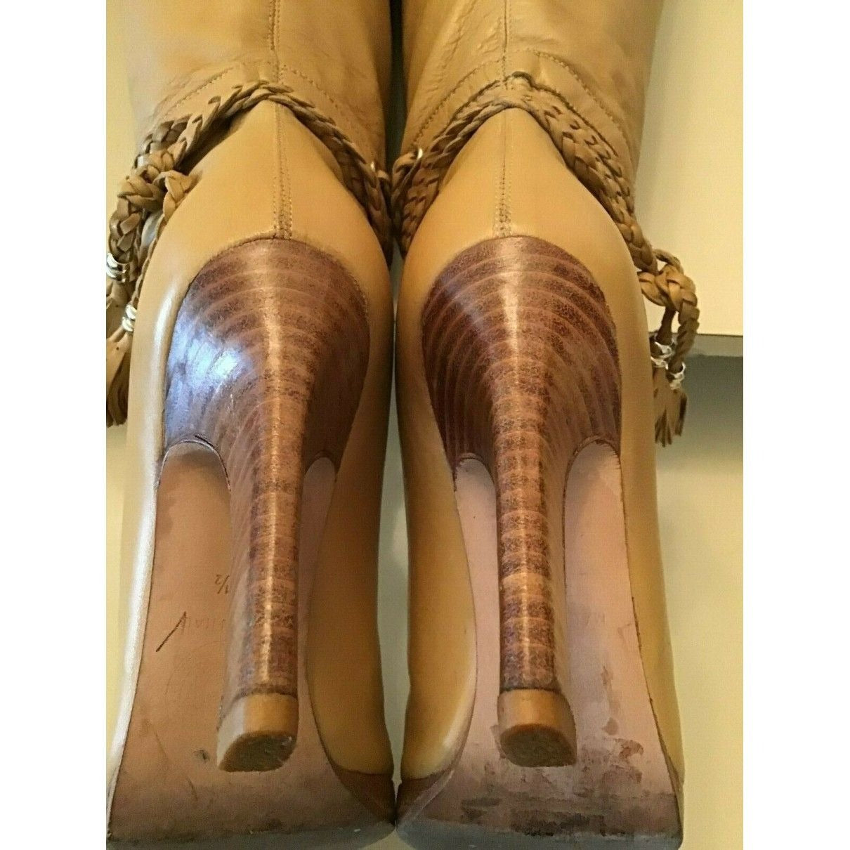 AMAZING pair of Versace, size EU 35.5, buttery soft tan leather boots with woven leather & gold bead accents, pointed toes, pull closures