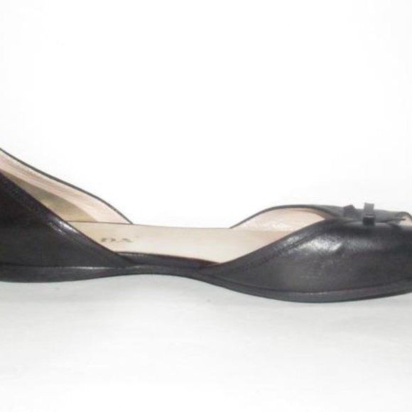 Prada Black Leather Open Toe D'orsay Style Flats with a Bow Accent