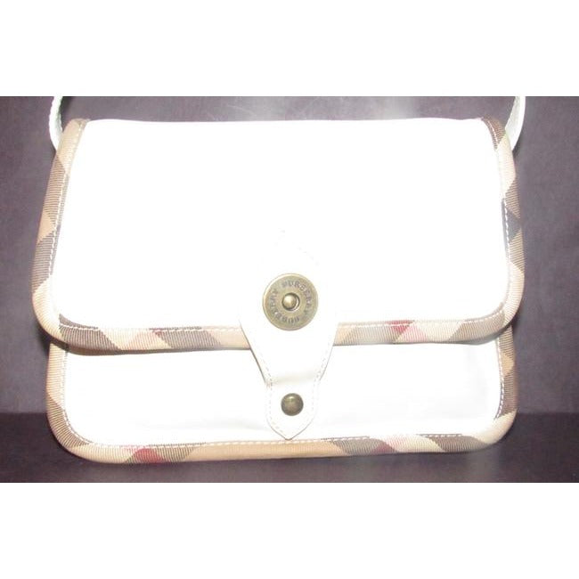 Burberry Purses White Leather With Nova Check Plaid Canvas Trim And Coated Shoulder Bag