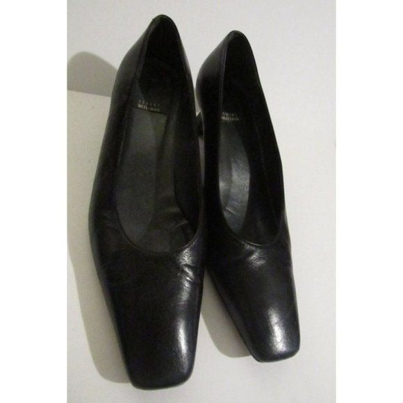 Stuart Weitzman Black Leather Square Toe Kitten Heels