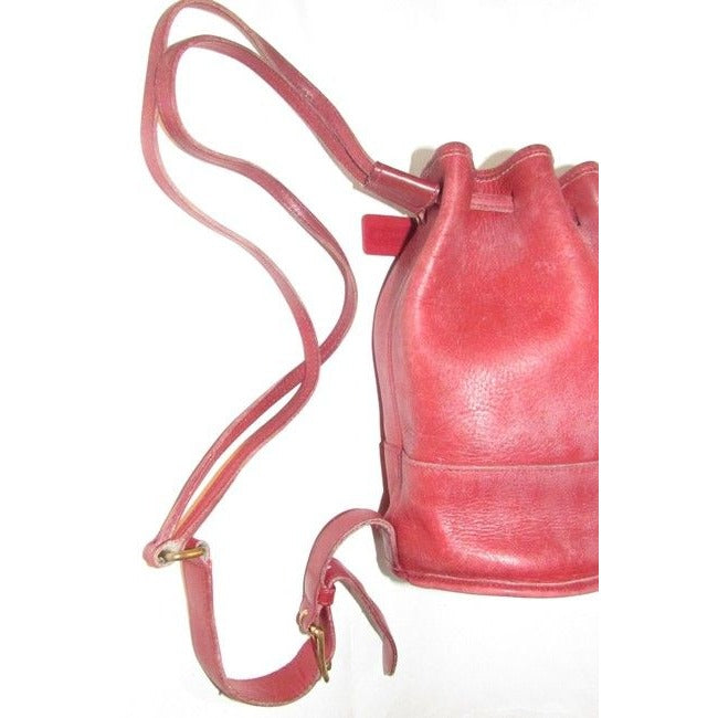 vintage, Coach, 'Bixby', large, drawstring top, bucket shaped, satchel style, sling style shoulder bag or backpack in buttery soft red leather with brass accents