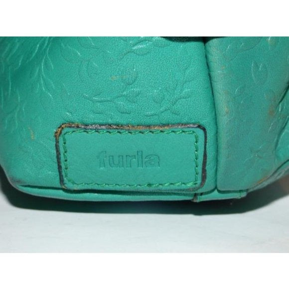Vintage FURLA Teal Leather 2-Way Crossbody Bag with Embossed Floral Design