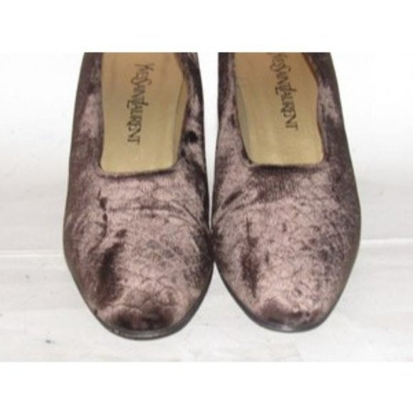 Saint Laurent Vintage Mod Dark Brown Velvet over leather, size 8M, almond toe, 3.5" chunky kitten heels