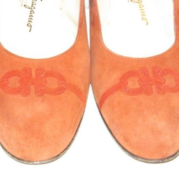 Salvatore Ferragamo Orange Suede Flats With Red Embroidered Gancini Accents At The Toe