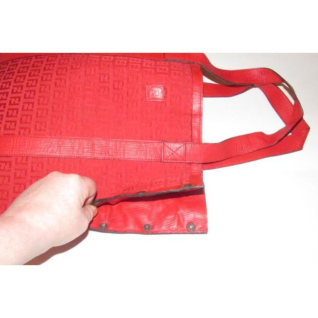 Fendi Early Xl Satchel Purses Red Zucchino Or Small F Logo Print Canvas And Red Leather Tote
