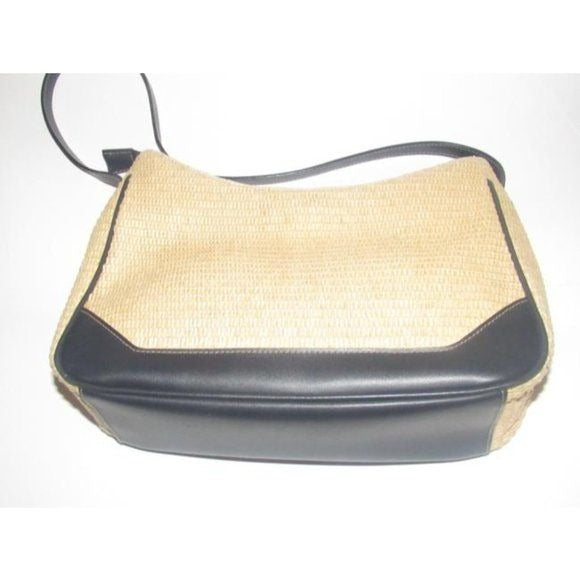 Vintage, Etienne Aigner, natural color woven raffia and navy blue leather, multi-compartment, shoulder purse
