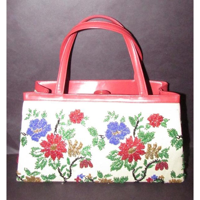 Nwot True Red Leather With A Hand Beaded Floral Design On Canvas Glass Beads Satchel