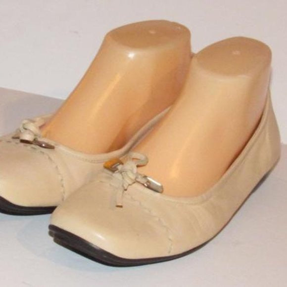 Prada Pink Beige Leather Ballet Flats with an Almond Toe and Bow with Chrome Accents