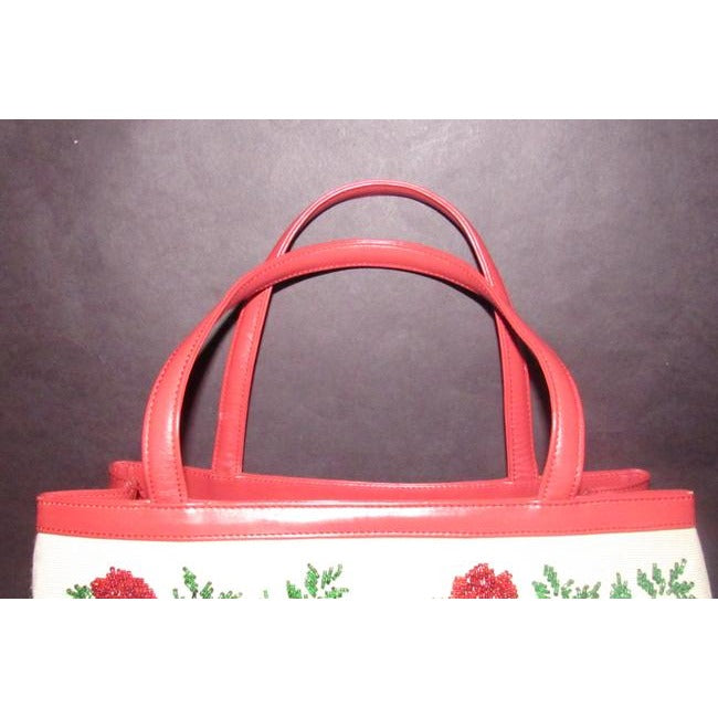 Nwot True Red Leather With A Hand Beaded Floral Design On Canvas Glass Beads Satchel
