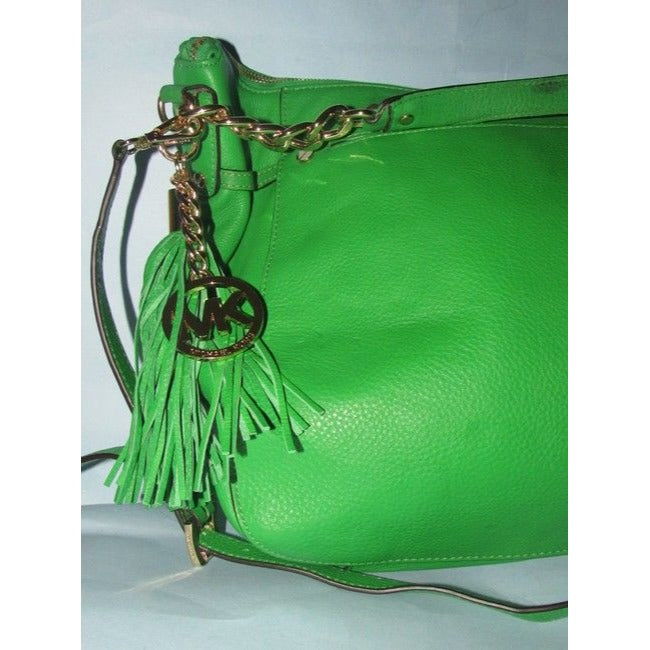 Michael Kors 'Megan Chain' vibrant green apple/darker lime leather two-way, convertible satchel with gold tone hardware and chain accents, & top zip closure
