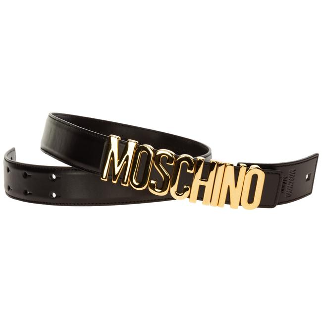 NWT Moschino Black Leather Belt w Gold Letter Buckles
