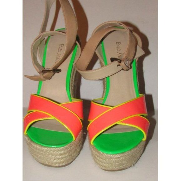 Enzo Angiolini Pink Yellow Green and Taupe Leather Wedge Sandals