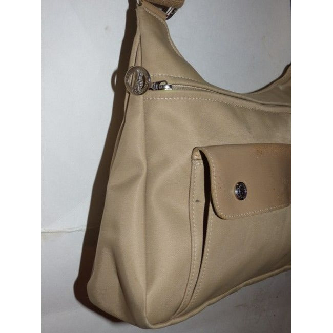 Longchamp Vintage Khaki Or Tan Leather And Heavy Canvas Fabric Nylon Messenger