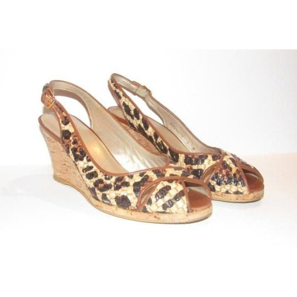 Stuart Weitzman Leopard Leather Cork Wedge Sandals