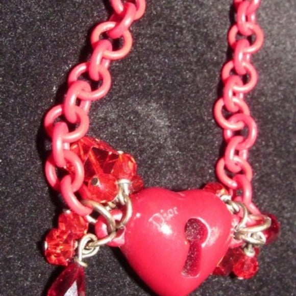 Dior Resin Link Necklace w Puffed Heart Dior Charm & Faceted Glass Beads