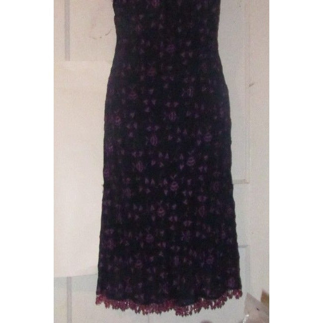 Betsey Johnson Navy Blue With Hand Stitched Purple Floral Design And Dangling Beaded Trim Dress