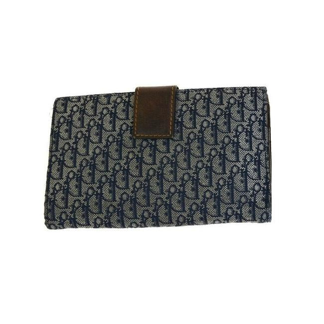Dior Blue Trotter Logo Print Canvas And Brown Leather With Gold Accents Continental Wallet