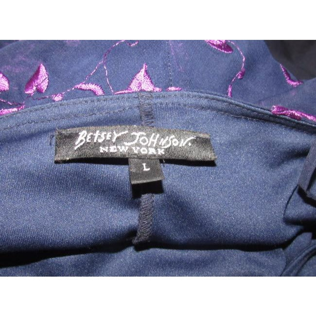 Betsey Johnson Navy Blue With Hand Stitched Purple Floral Design And Dangling Beaded Trim Dress