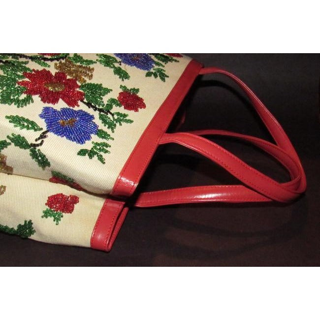 Nwot True Red Leather With A Hand Beaded Floral Design On Canvas Glass Beads Satchel