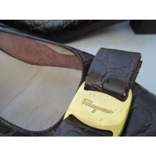 Salvatore Ferragamo Brown Croc Patent Vara Low Flats Size Us