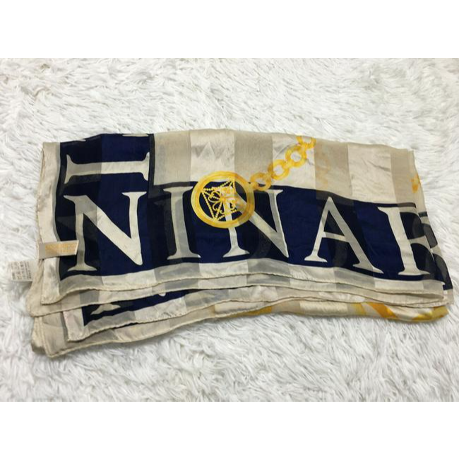 Nina Ricci Navy Gold White Print Nautical Equestrian Logo Silk Scarf