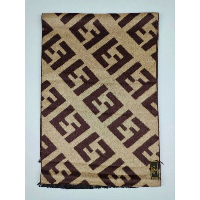 Fendi Brown Tan Zucca Print Logo Cashmere Scarf