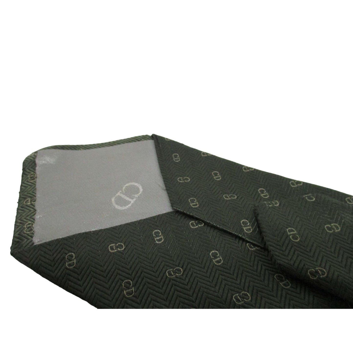 Vintage Christian Dior tie made of 100% textured, olive green silk with a logo print in shades of tan