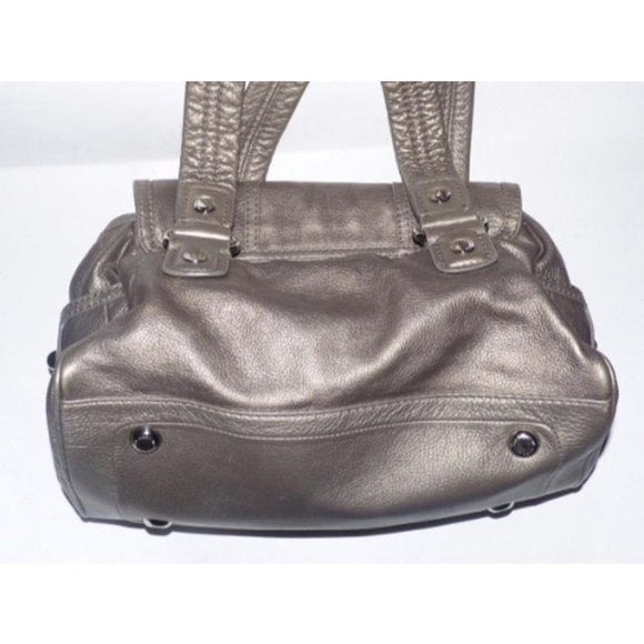 Vintage, Marc Jacobs, metallic pewter leather, two handle, satchel with bold chrome accents and lots of compartments