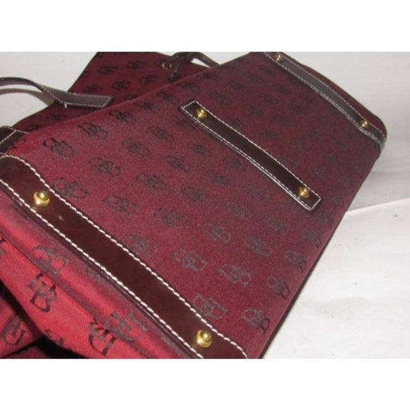 Dooney And Bourke Dark Red And Brown Canvas DB Logo Print Purse