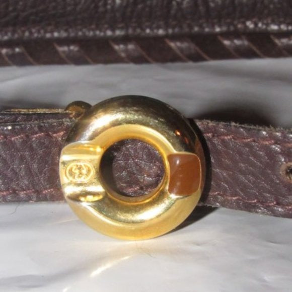 Early, vintage, Gucci, brown whip-stitched, leather belt with a round, gold & enamel buckle