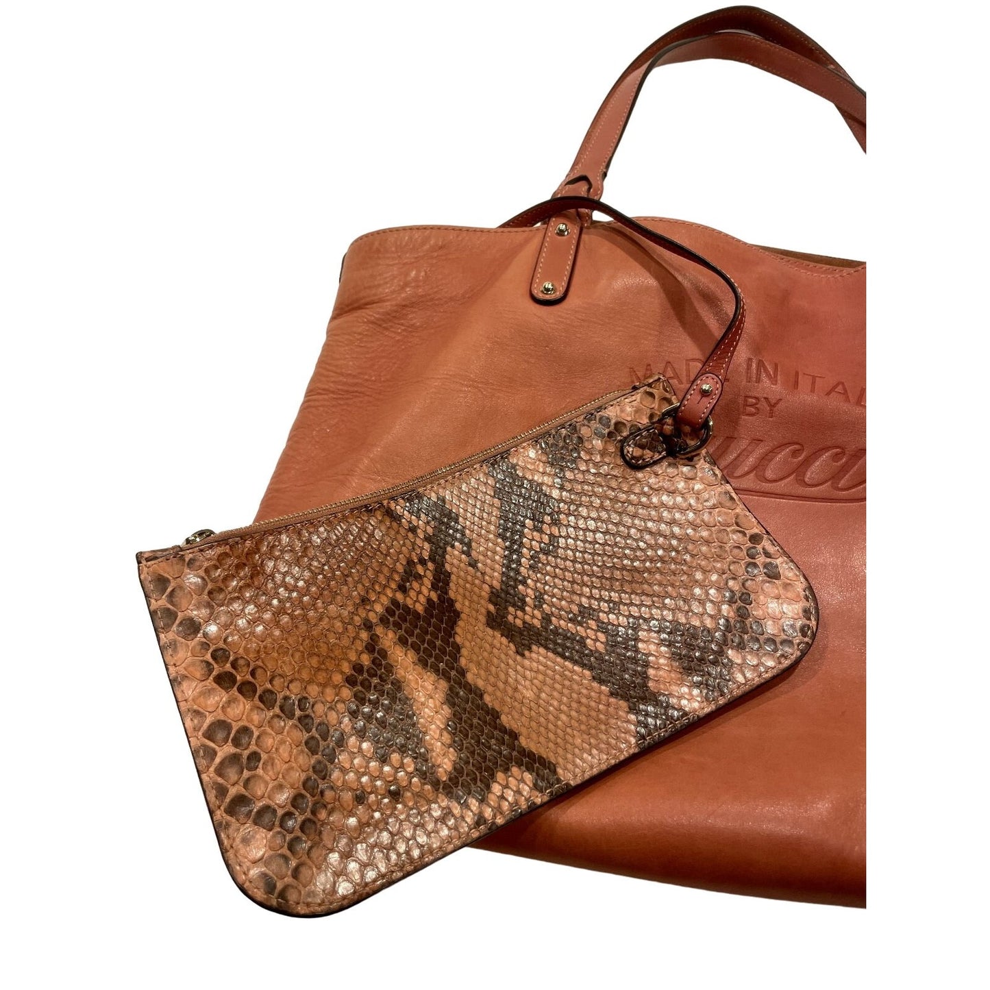 Gucci caramel leather craft XL tote with a python wallet, braided handles, & 'Made in Italy by Gucci' embossed on the front
