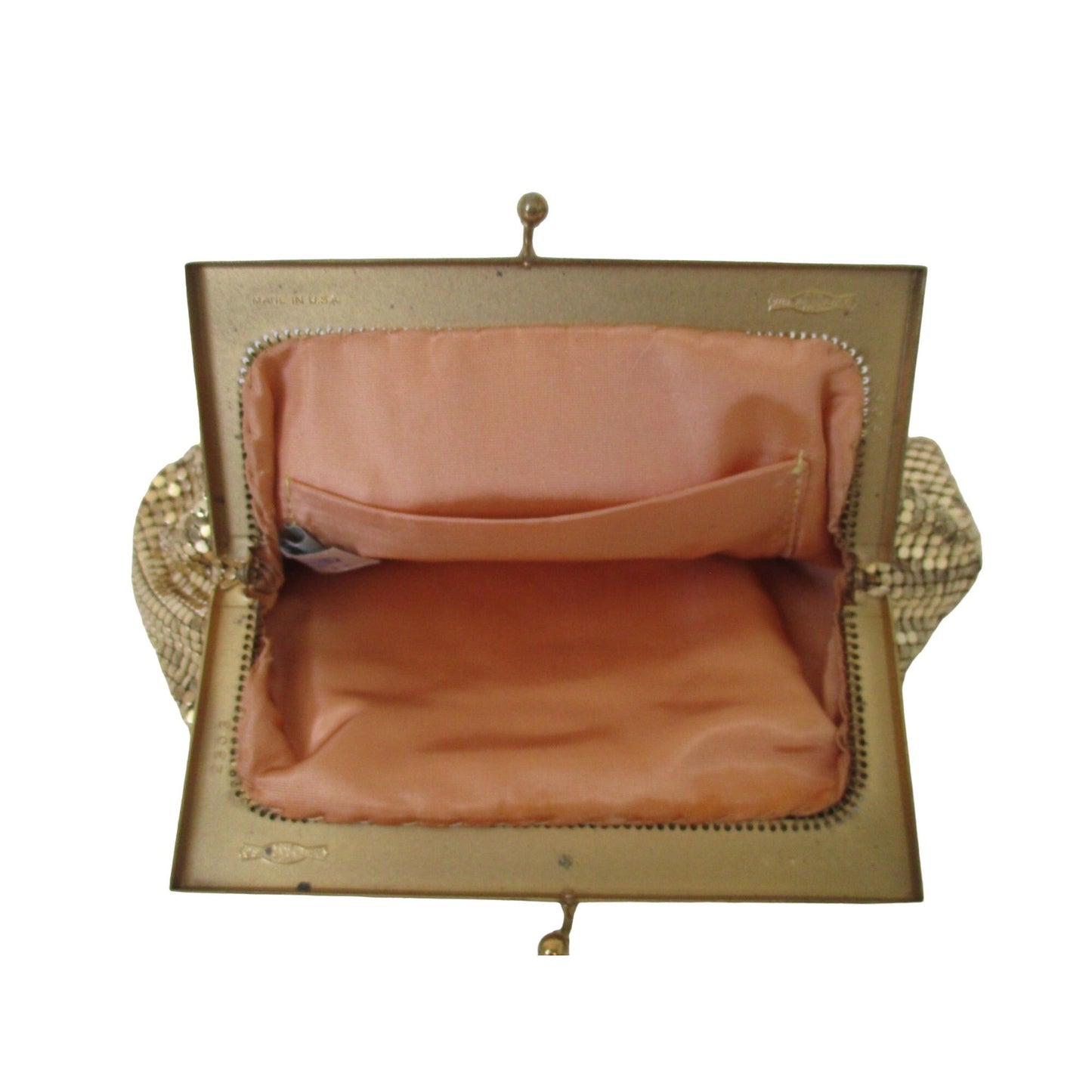 Mint Condition, Whiting and Davis, gold mirrored mesh, Art Deco, evening bag with a kiss closure & mother of pearl & rhinestone accents