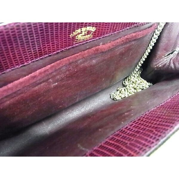 Gucci burgundy red lizard reptile leather two-way clutch w gold chain strap