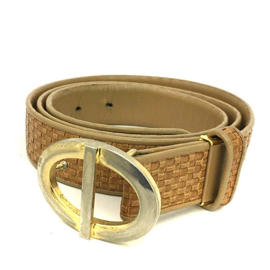 Dior camel intrecciato leather belt w oval two-tone CD buckle