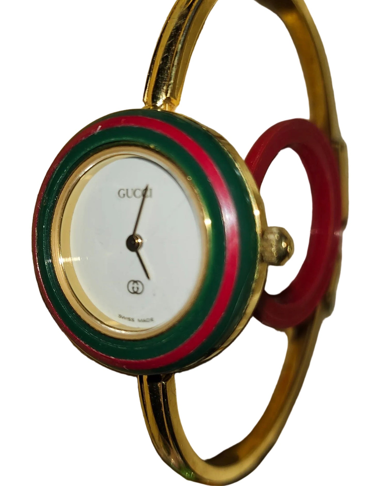 Gucci 1100- I, yellow gold, bangle style watch with twelve different colored, hard plastic resin bands