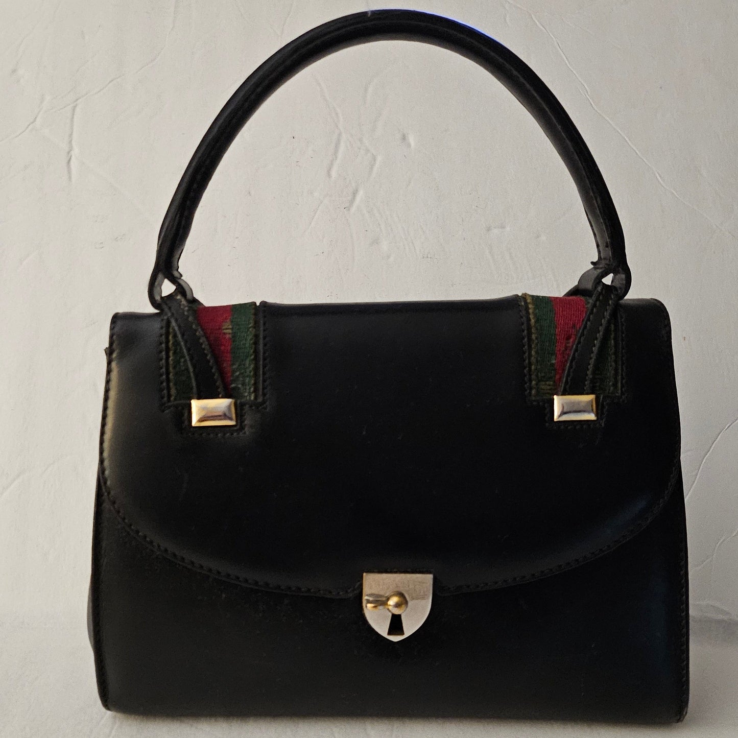Gucci black leather Lady Lock Kelly bag with red & green Kelly stripe accents!