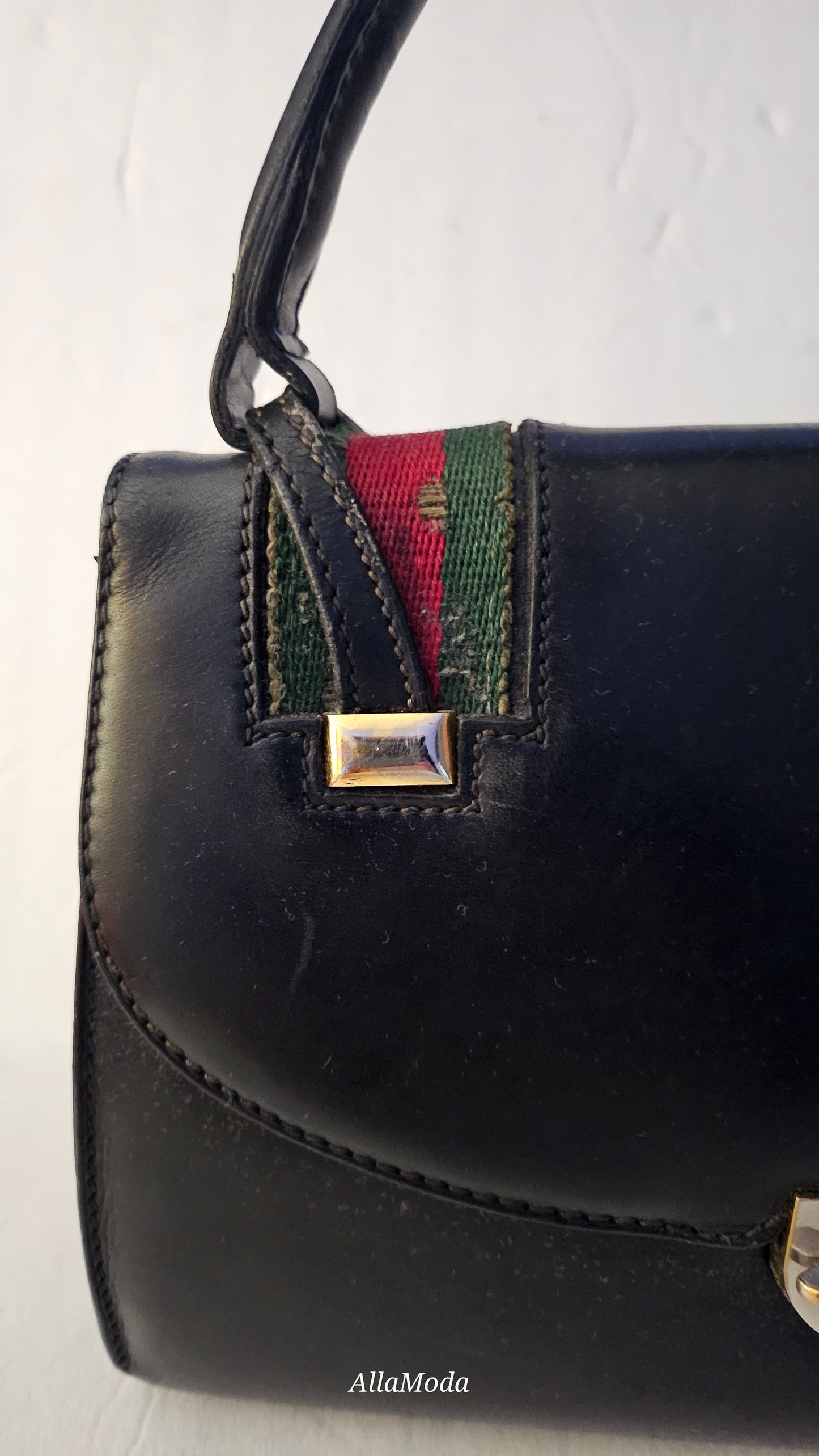 Gucci black leather Lady Lock Kelly bag with red & green Kelly stripe accents!