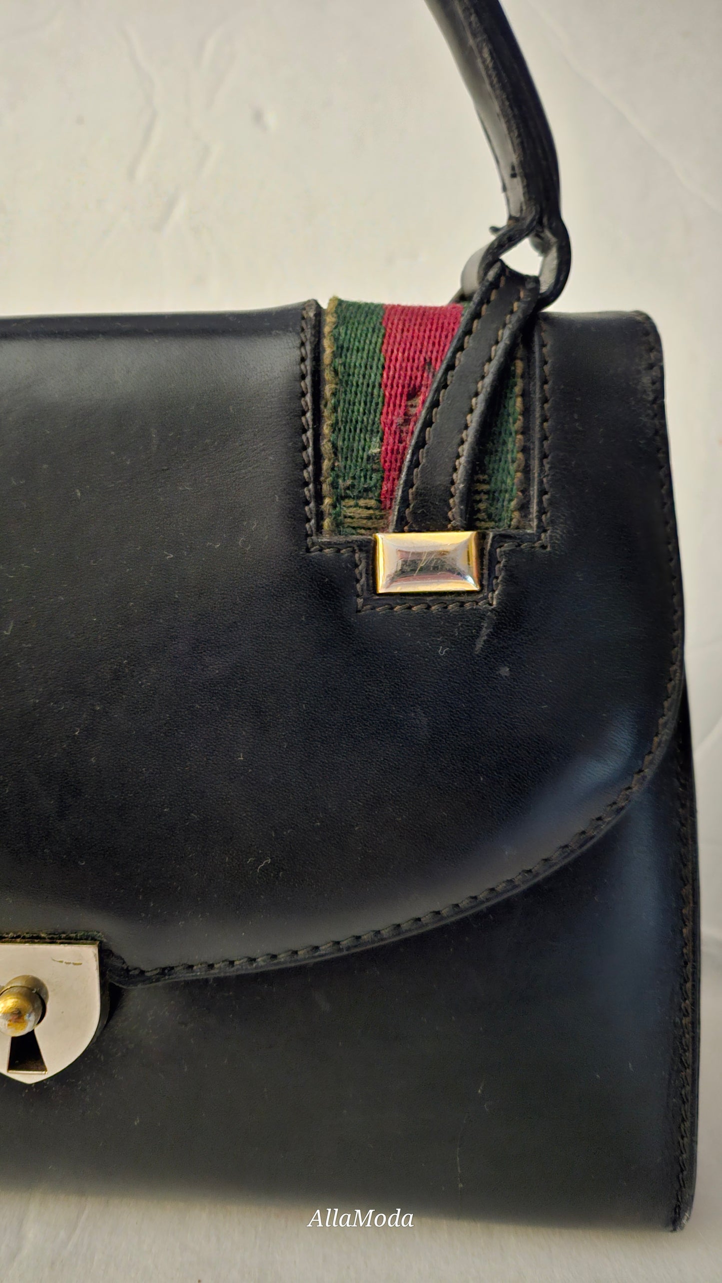 Gucci black leather Lady Lock Kelly bag with red & green Kelly stripe accents!