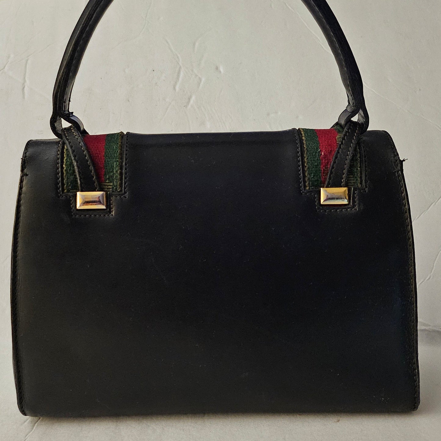 Gucci black leather Lady Lock Kelly bag with red & green Kelly stripe accents!