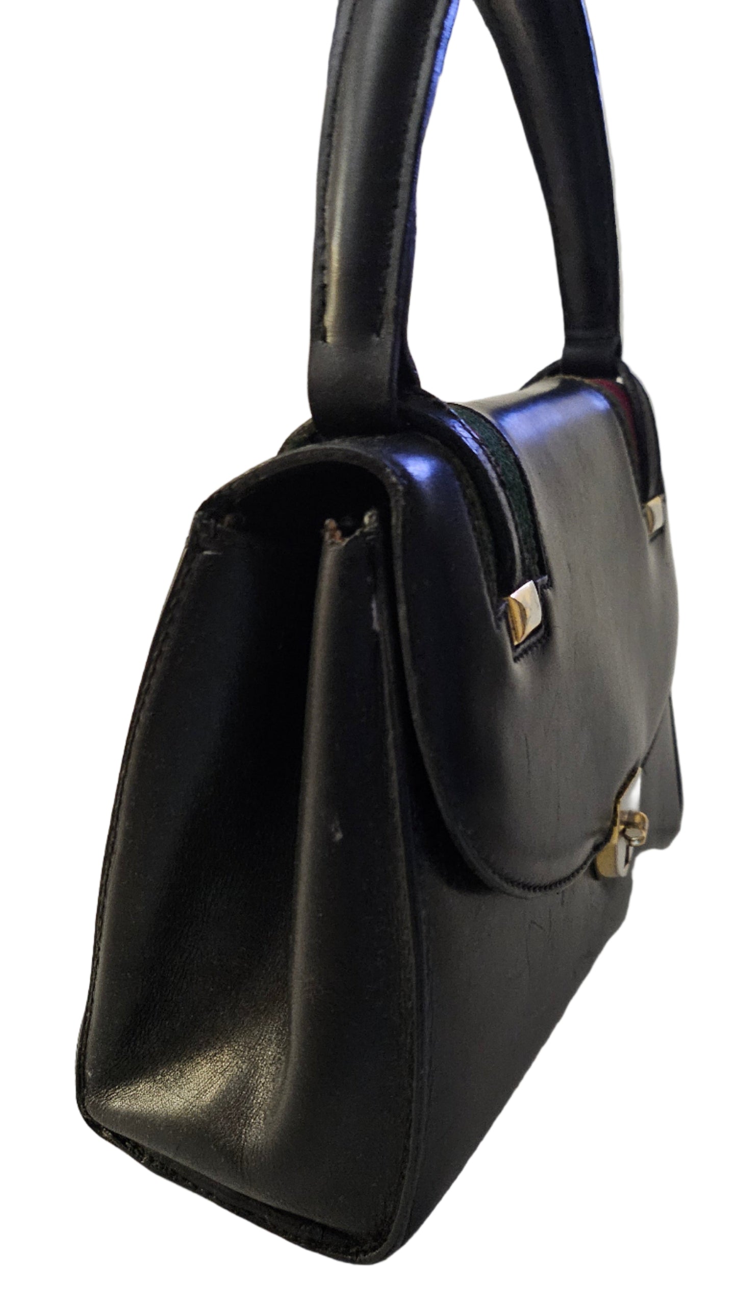 Gucci black leather Lady Lock Kelly bag with red & green Kelly stripe accents!