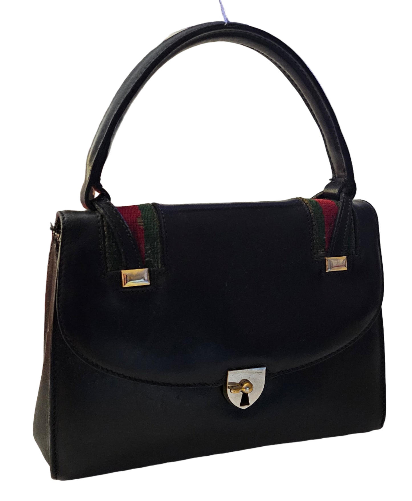 Gucci black leather Lady Lock Kelly bag with red & green Kelly stripe accents!