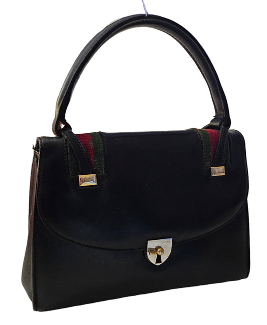 Gucci black leather Lady Lock Kelly bag with red & green Kelly stripe accents!