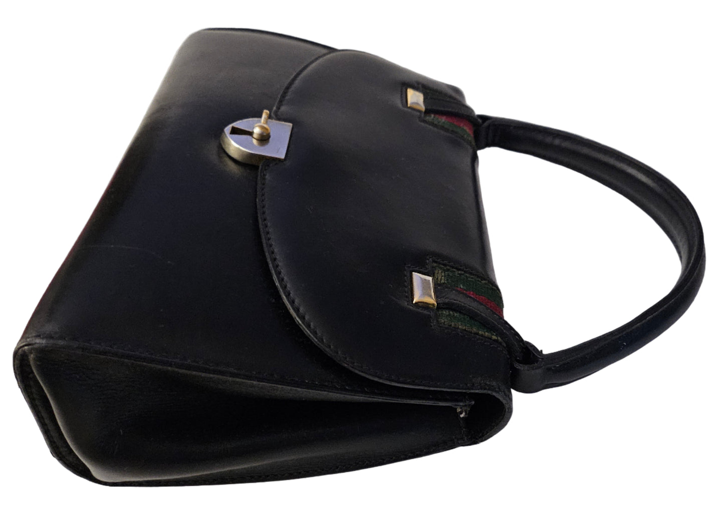 Gucci black leather Lady Lock Kelly bag with red & green Kelly stripe accents!