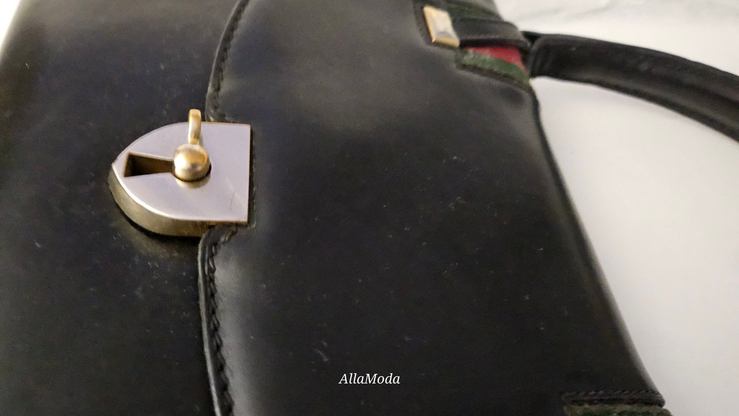 Gucci black leather Lady Lock Kelly bag with red & green Kelly stripe accents!